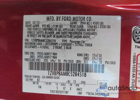 2012 Ford Mustang V6 z USA, uszkodzony, nr VIN 1ZVBP8AM8C5284518